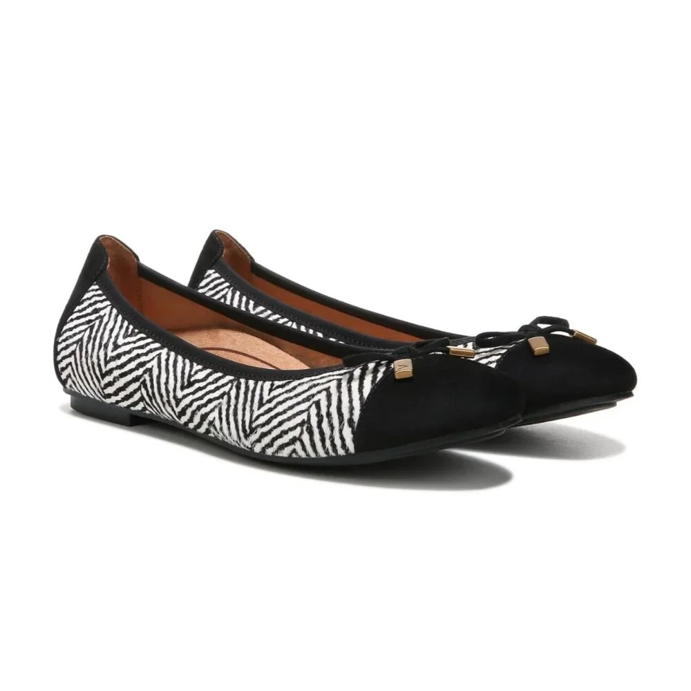 Vionic Minna Zebra Print Ballet Flats With Bow Detail -‎ Black & White Size 6